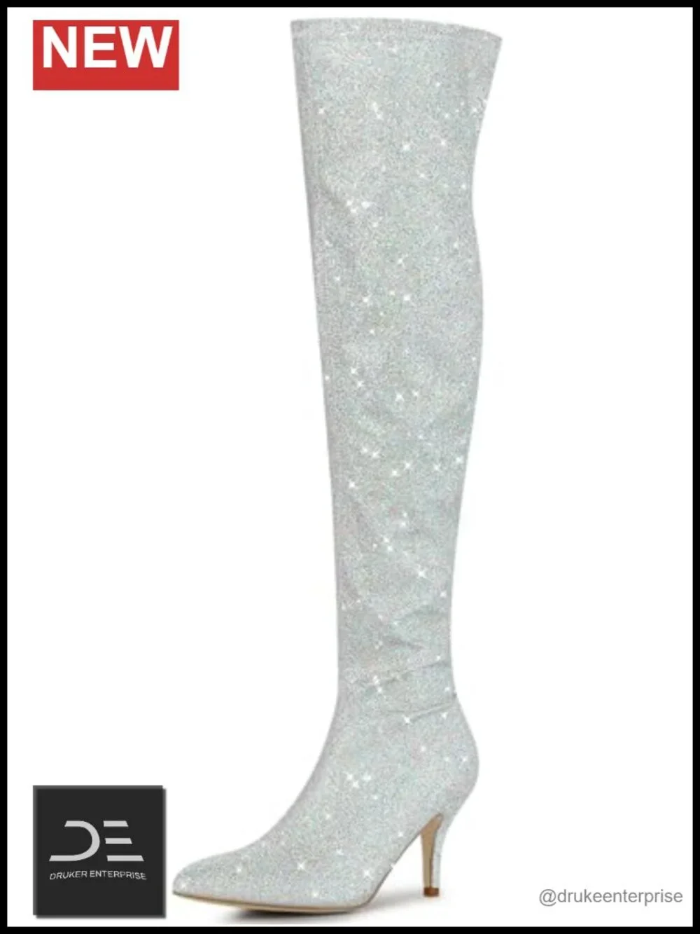 Glitter Pointed Toe Stiletto Heel Over Knee Thigh High Boots Side Zipper